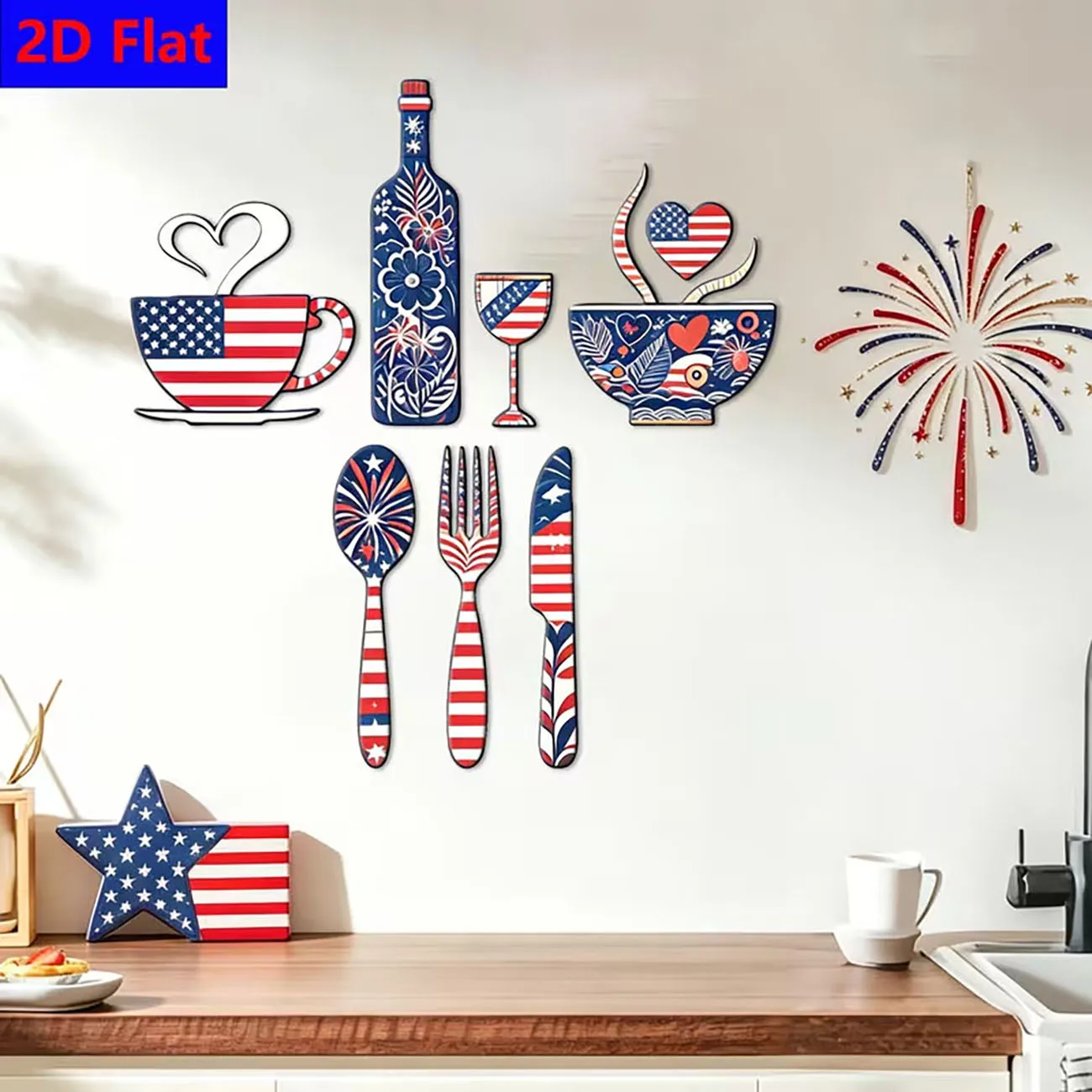 8 Pcs Wooden Patriotic Kitchen Wall Decor 2D Flat Print US Flag Themed Wall Art for Home Kitchen Holiday Decoration