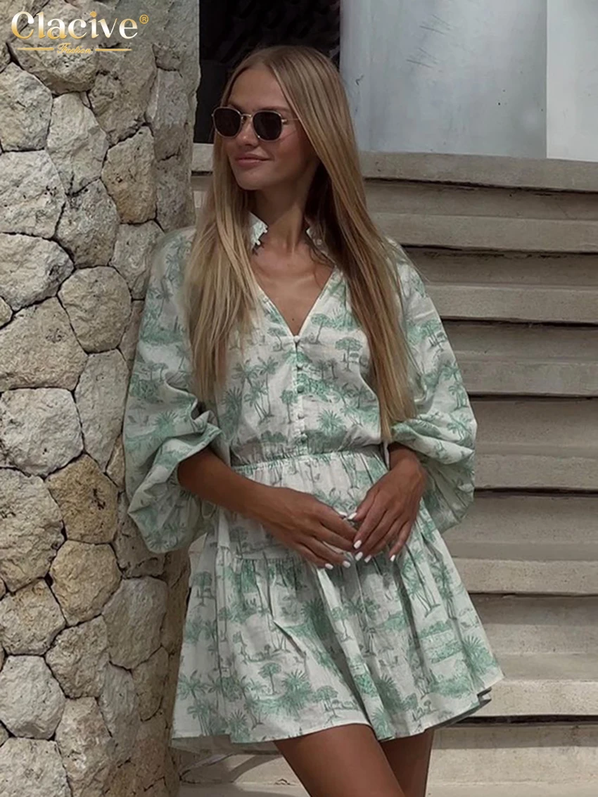 

Clacive Summer Loose Print Women's Dress 2026 Fashion Stand Collar Puff Sleeve Mini Dresses Elegant Classic Pleated Female Dress