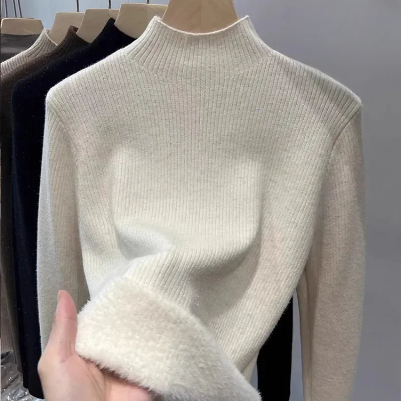 Half High Neck Sweater for Women Autumn and Winter Knitted Sweater with Added Velvet and Thick Velvet for Warmth Top 136