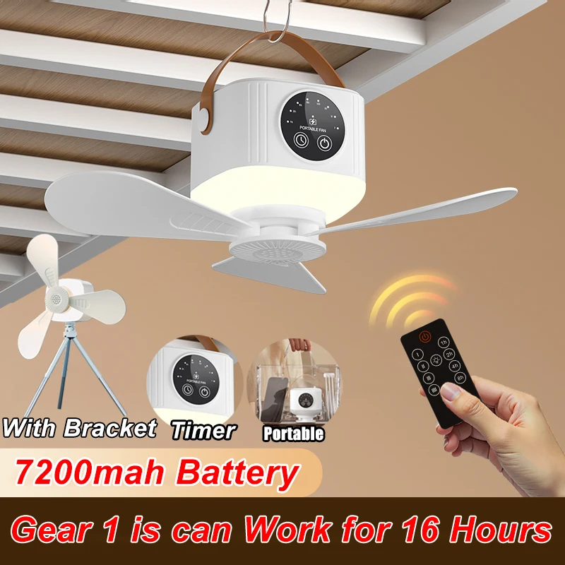 

7200mAh Battery Operated Type-C Rechargeable Camping Fan with Light Multifunction Quiet Hanging Fan Outdoor Tent Travel Bedroom
