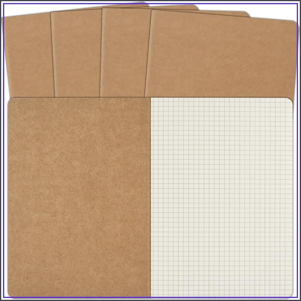5 Pack A5 Kraft Notebooks, 8.15x5.5 Inches Grid Paper, 60 Pages Each, Bulk for School Office