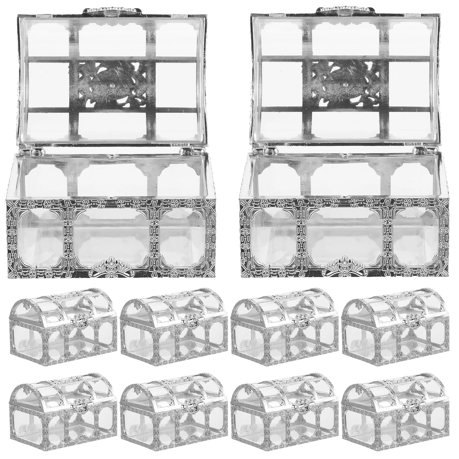 

10pcs Candy Boxes Wedding Party Favor Supplies Clear Plastic Treasure Chest Gift Container Silver Child Decor Packaging