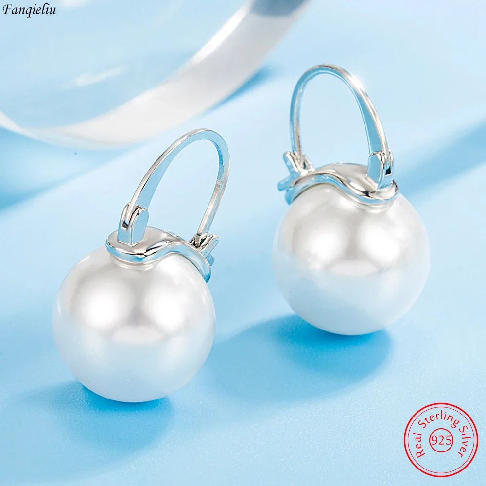 

Fanqieliu Real 925 Sterling Silver Women's Fashion Jewelry New Pearl Hoop Earrings FQL23621