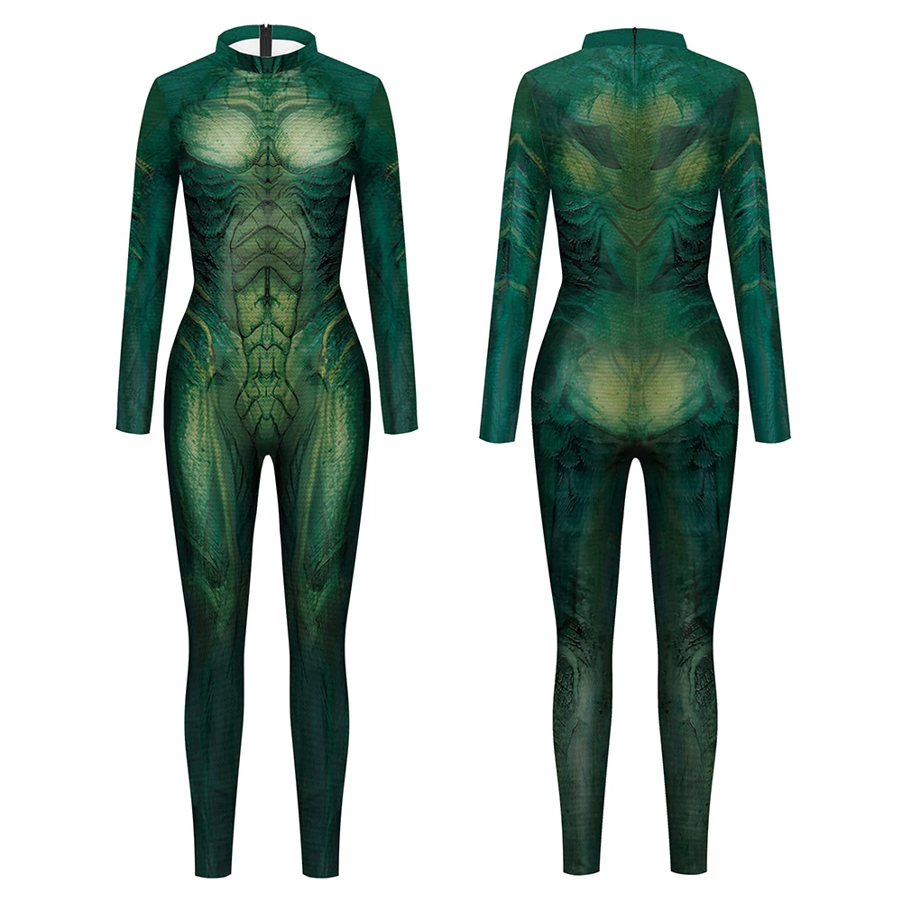 Disfraz de serpiente de cuerpo verde, traje de Animal para Cosplay, Catsuit, mono de fiesta de Festival de vacaciones, mono Zentai de manga larga con cremallera trasera