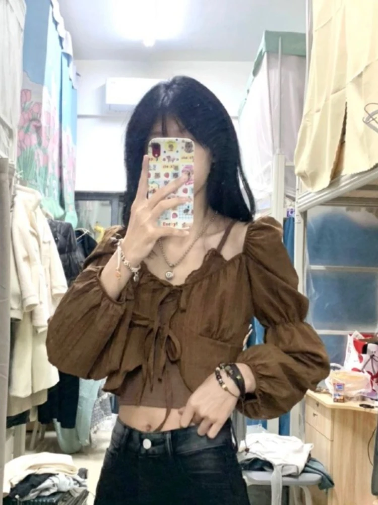 Two Pieces Set Square Collar Women Sweet Solid Chic Bandage Cropped Cardigans+Autumn Fashion Y2k Aesthetic Streetwear Slim Tanks