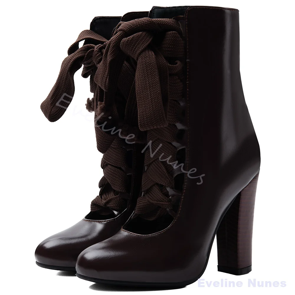Women Vintage Brown Leather Mid Calf Boots Round Toe Hollow Lace Up Block Heel Ankle Boots Victorian Fashion Party Long Boots