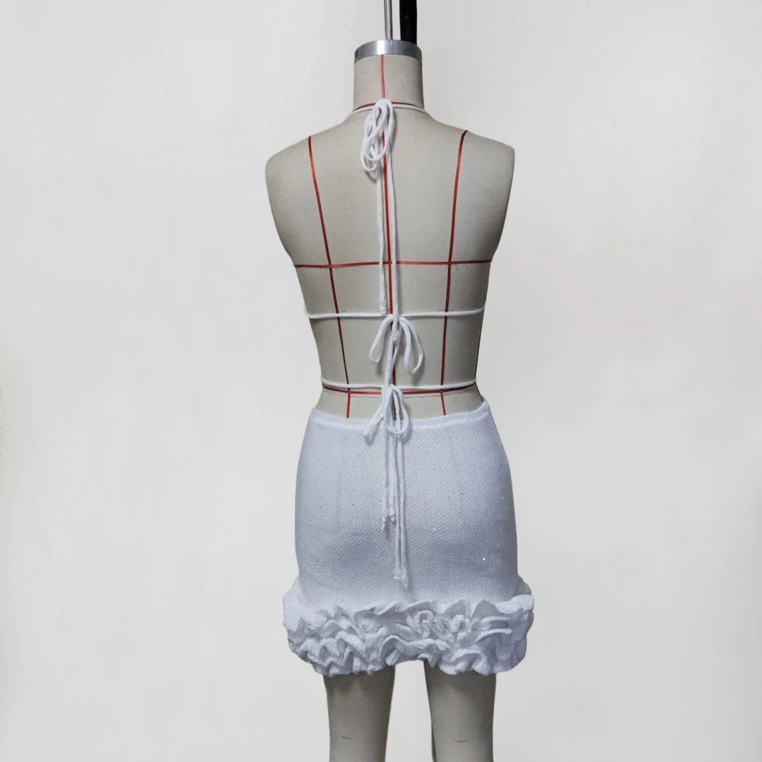 Sexy, ausgeschnittenes, gerüschtes, halterneckiges, gehäkeltes, gestricktes Tunika-Strandkleid, Strandkleid, Strandmode, Damenmode V8234 – Detail 8
