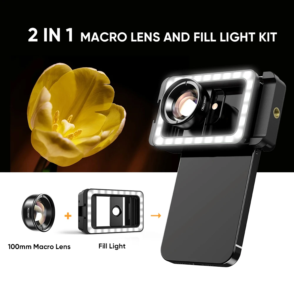 APEXEL-Telefone de Lente Macro com Luz de Preenchimento LED, Braçadeira Universal para iPhone 12, 13, 14 Lentes, Gravação de Vídeo Vlog, HD 100mm