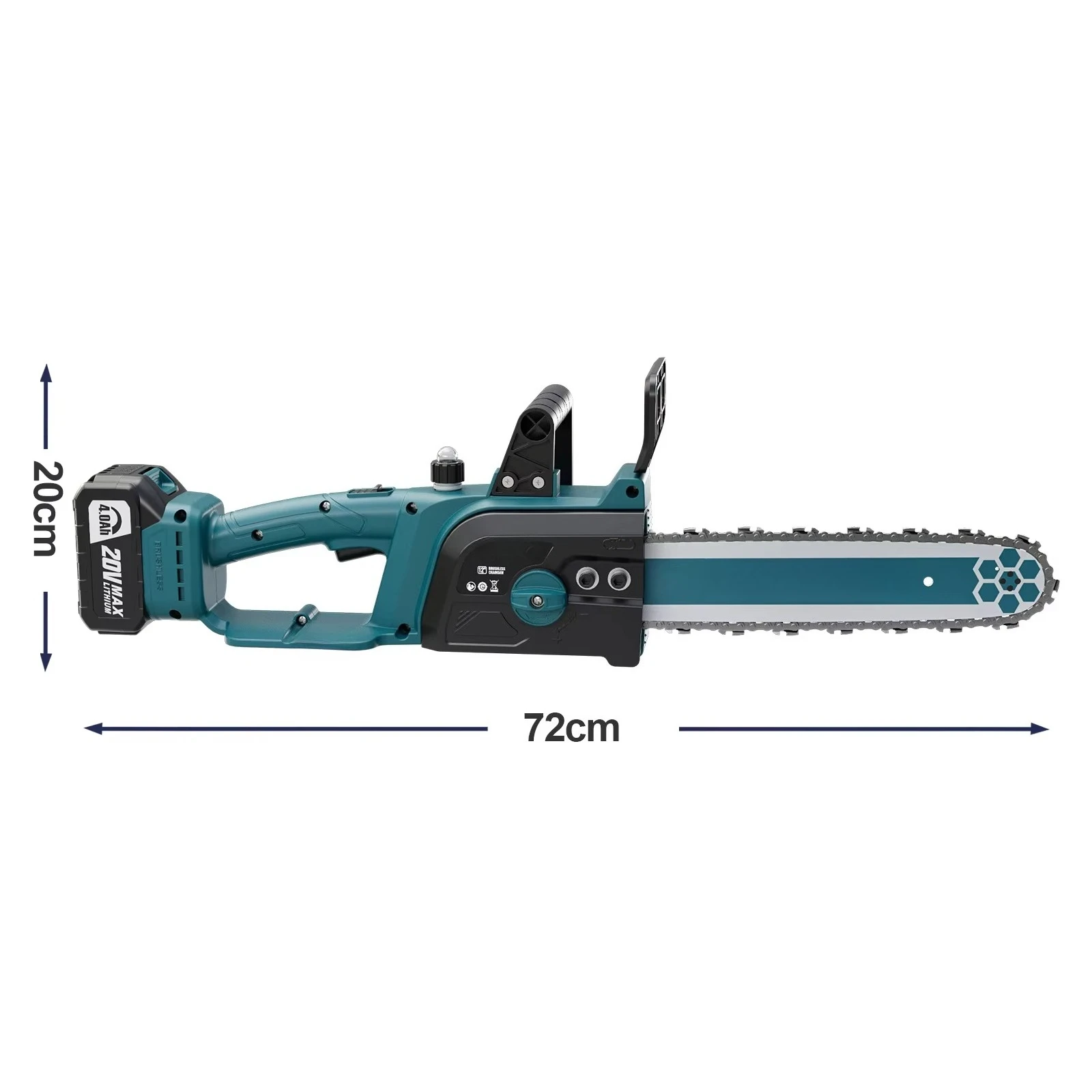 12 Inch Blue Cordless Brushless Electric Chainsaw 4AH Battery Powered 20V Portable Compact Handheld Saw Wood Cutting