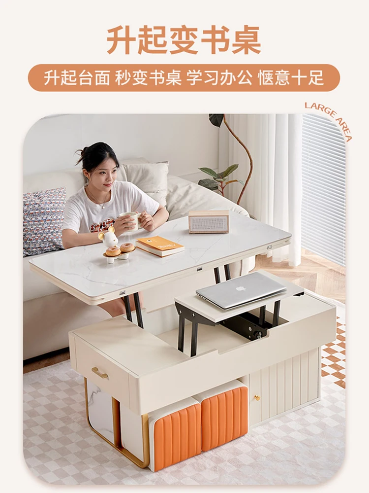 Cream wind lift coffee table table dual-purpose integrated household two-in-one multi-function folding variable slate dining tab