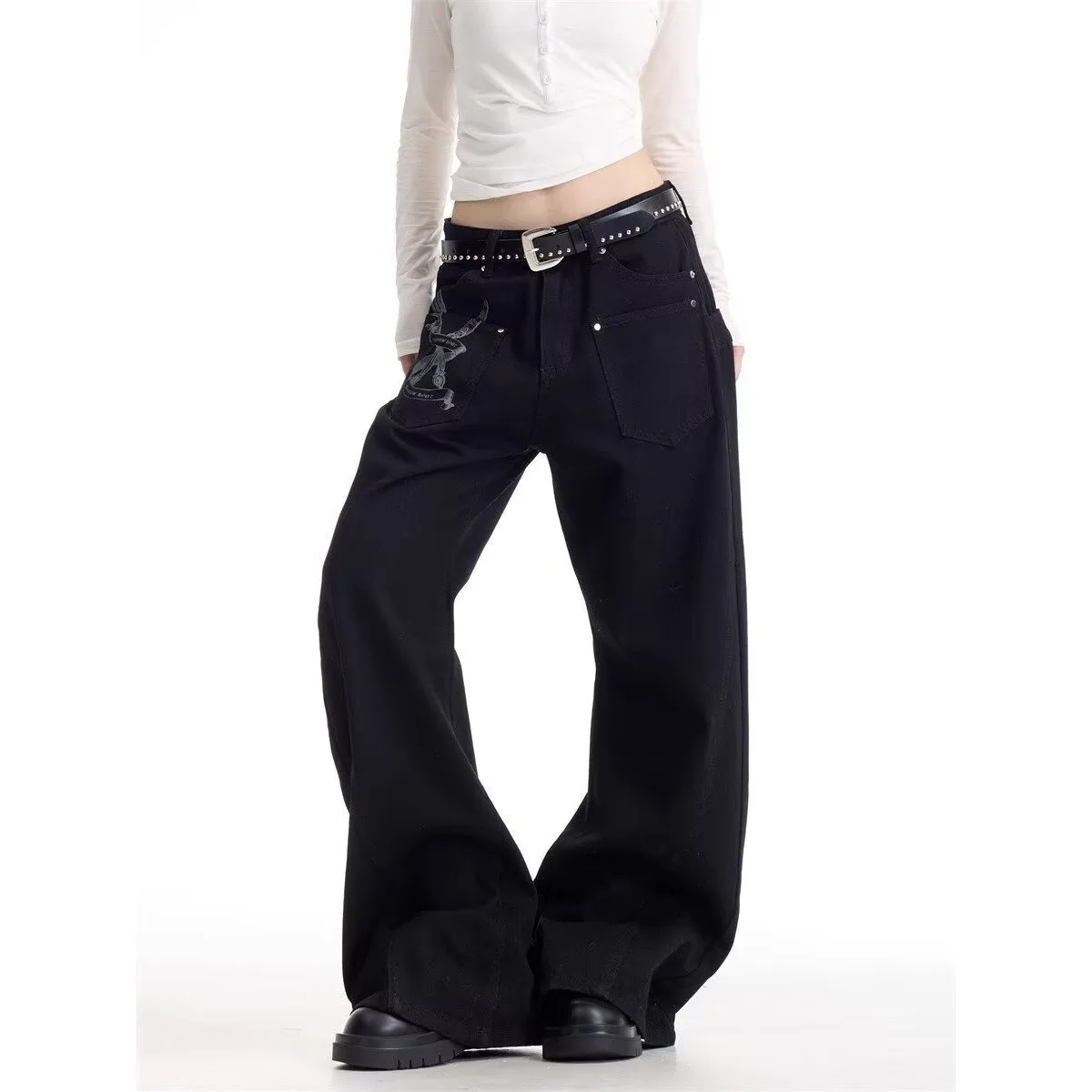 جينز أمريكي ريترو للرجال صيفي عصري ماركة رائعة وعصرية سراويل شارع متفجرة سراويل سوداء فضفاضة #3