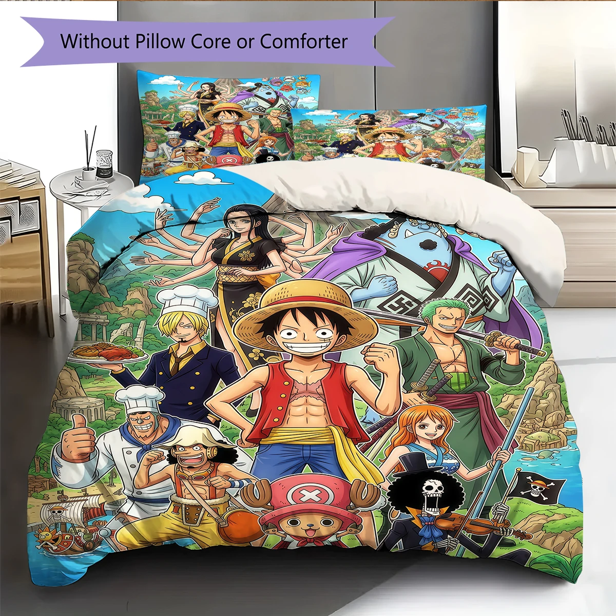 Juego de cama de One Piece con todos los personajes, funda de almohada y funda nórdica para fanáticos del anime, regalo de cumpleaños con temática pirata.chl