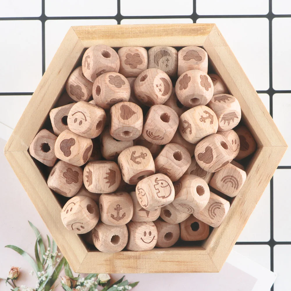 30Pcs/Lot Natural Beech Wooden Beads Mouse Flower Heart Star Pattern Square Bead For Jewelry Marking Wooden Crafts Accessories