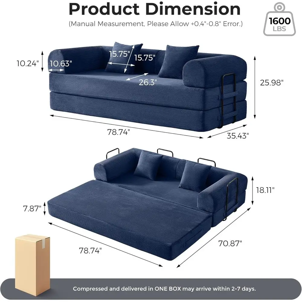 أريكة سرير قابلة للتحويل 79 5 في 1 باللون الأزرق الداكن مع إطار ثابت، بدون تجميع، غطاء سروال قصير ورغوة عالية المرونة للمساحة المدمجة #2