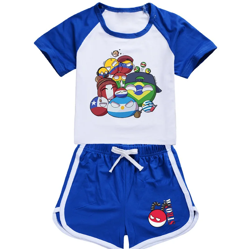 New Summer Polandball Countryball Baby Boys Girls Suit Cosplay Sportswear Set Cartoon Children Short Sleeve T Shirt + Shorts Set