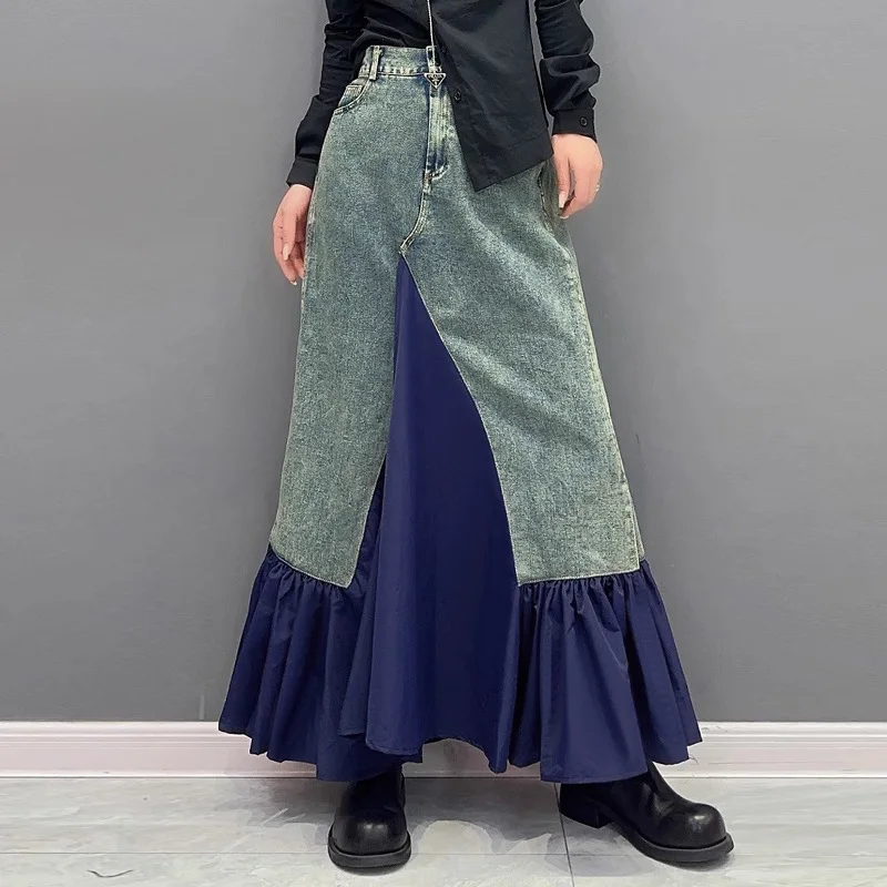 Y2k Langer Rock für Damen, Patchwork, Denim, Faltenröcke, unregelmäßig, A-Linie, Taschen, Vintage, Distressed, gewaschen, weiblich, 2025, Streetwear