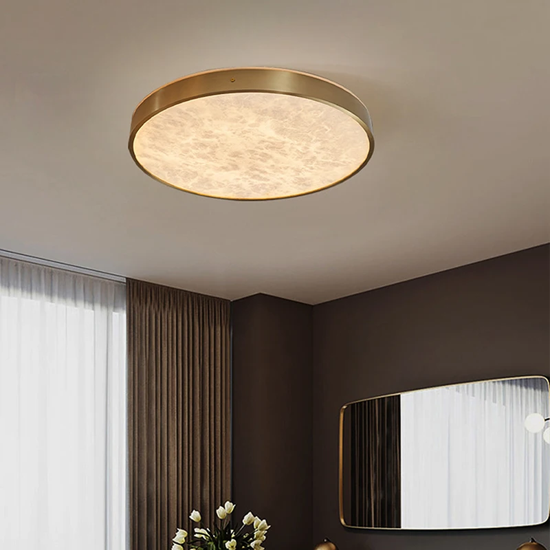 

European Style Light Luxury All Copper Natural Marble Ceiling Lamp Retro Circular Black Villa Living Room Bedroom Led Lighting