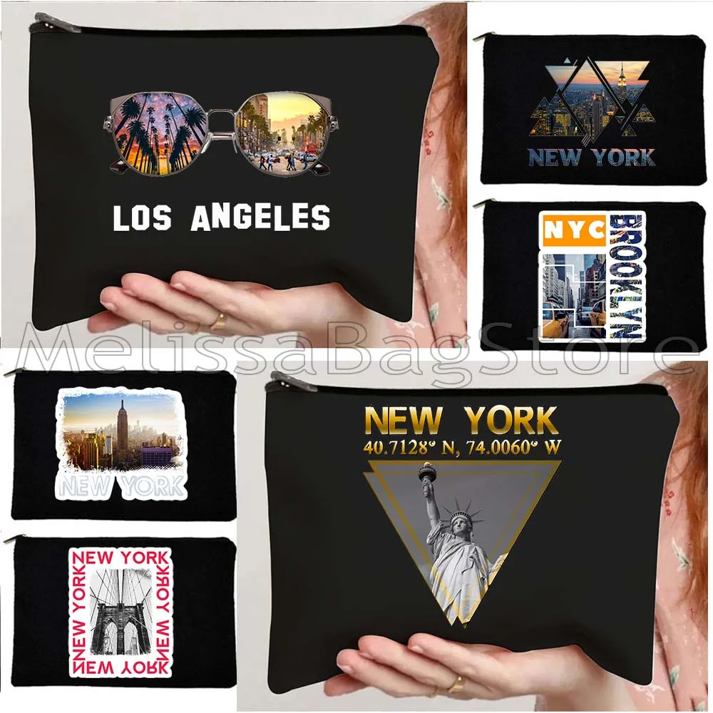 America New York Skyline Statue of Liberty Brooklyn Bridge NYC USA Gift Canvas Cosmetic Bag Makeup Toilet Bag Pencil Case Pouch