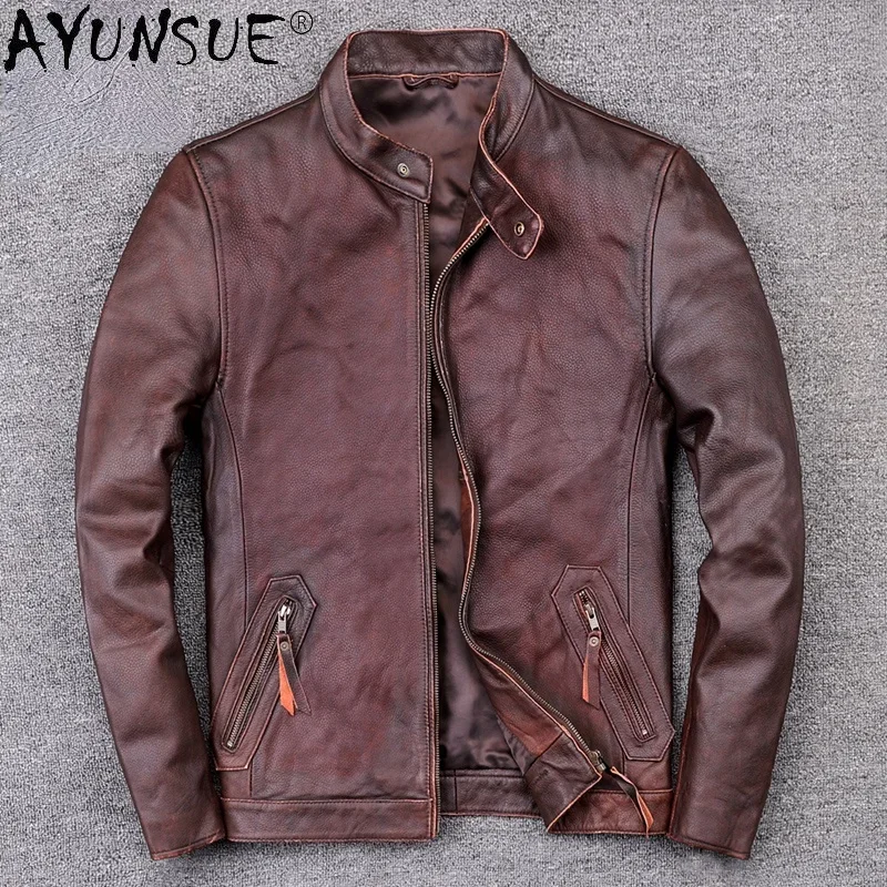 

AYUNSUE Autumn Real Cowhide Leather Jacket Mens Vintage Genuine Leather Jacket Spring Korean Streetwear Casaco Masculino SQQ332