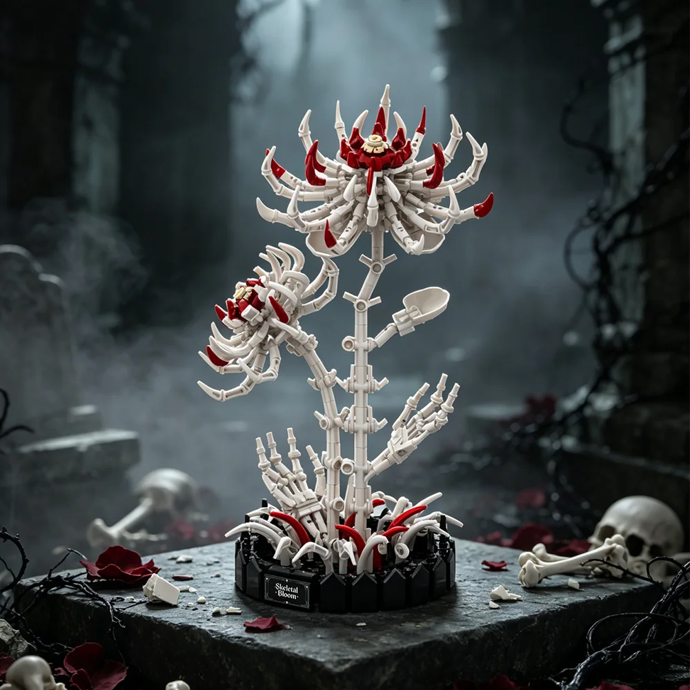 Gothic Red Spider Lily Building Blocks Kit Fingerbone Layered Petals Horror Skull Flower Desk Decor Bricks Toy Adult Gift