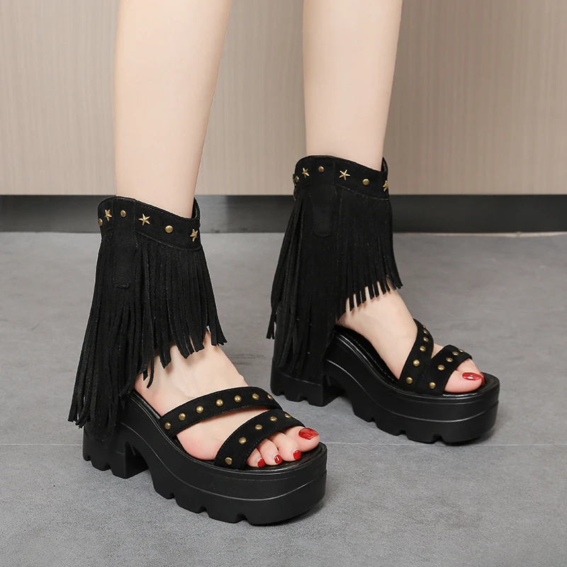 Women Platform Sandals Trend Roman Wedge Sandals Lady Cutout Booties Straw Stud Zipper Tassel Open Toe Cool Boots Sandalias Muje