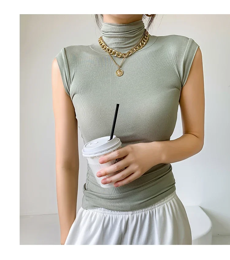 2026 Frühling Sommer Ärmelloses Rollkragen-T-Shirt für Damen Trendiges Vielseitiges Layering-Oberteil Stylisches Slim-Fit Basic-Unterhemd für Frauen – Detail 26