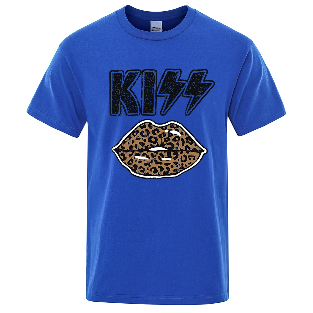 Kiss'S Leopard Print Lips Print T Shirt Male Fashion O-Neck T Shirts Hip Hop Quality Shirt Casual Cotton T-Shirt Short Sleeve