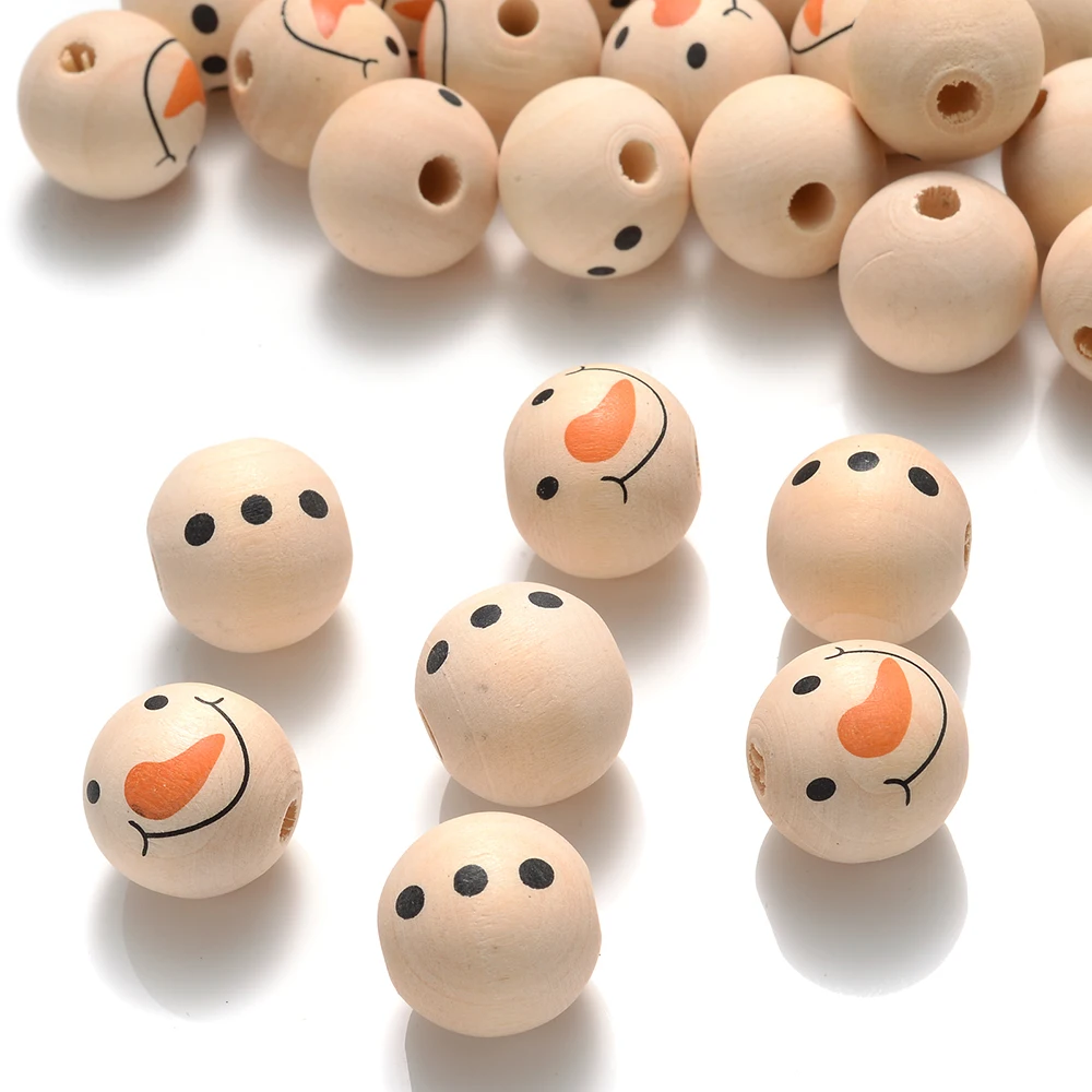 10/20 Stück 9mm Naturholzperlen mit Schneemann-Gesicht-Aufdruck, lose Abstandsperlen für Weihnachtsbaumgirlanden, Bastelarbeiten und DIY-Schmuckherstellung – Detail 2