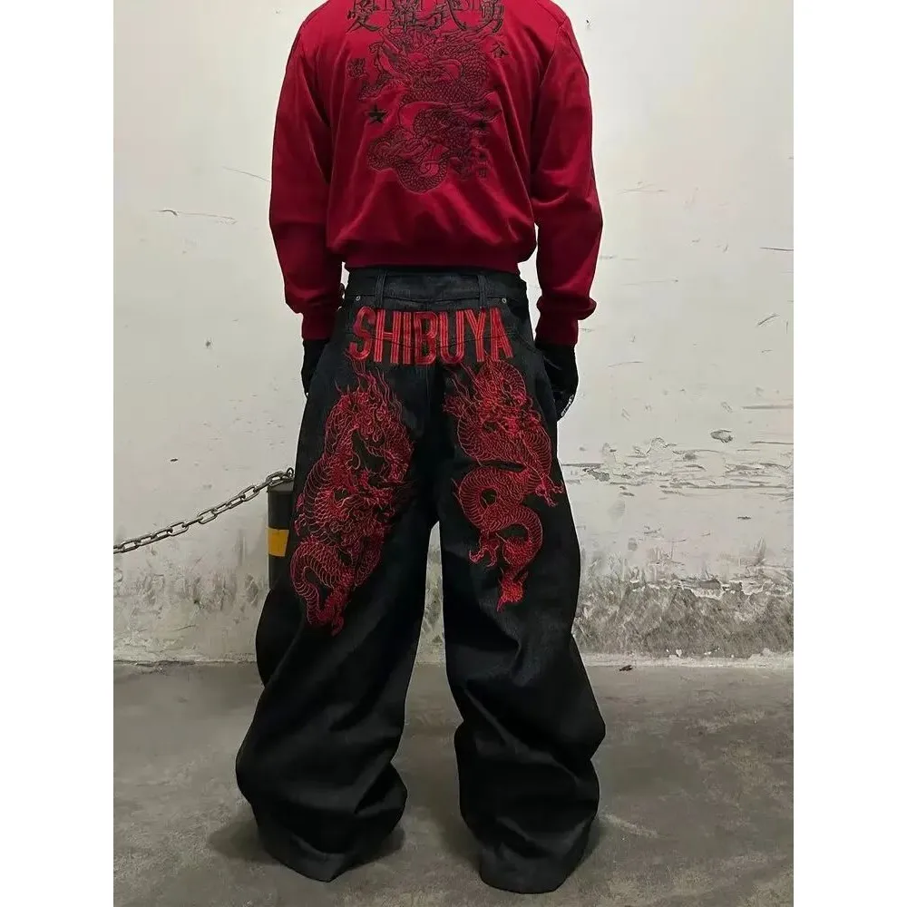 

American Retro Embroidered Pattern Hip Hop Jeans Straight Leg Large Size Youthful Trendy Tourist Eighteen orts
