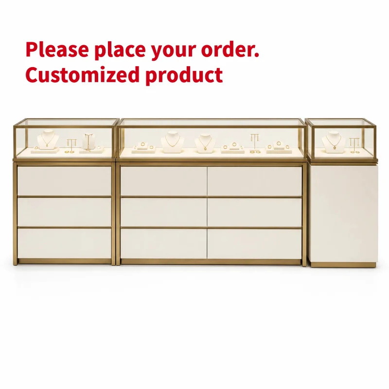 custom.Custom Jewelry Display Counter Matte Glass Showcase Bronze Aluminum Frame LED Lighting