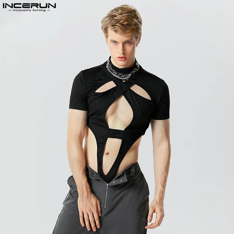 INCERUN 2023 Sexy New Mens Homewear Jumpsuits Symmetric Hollow Design Short Sleeve Half High Neck Solid Triangle Bodysuits S-5XL