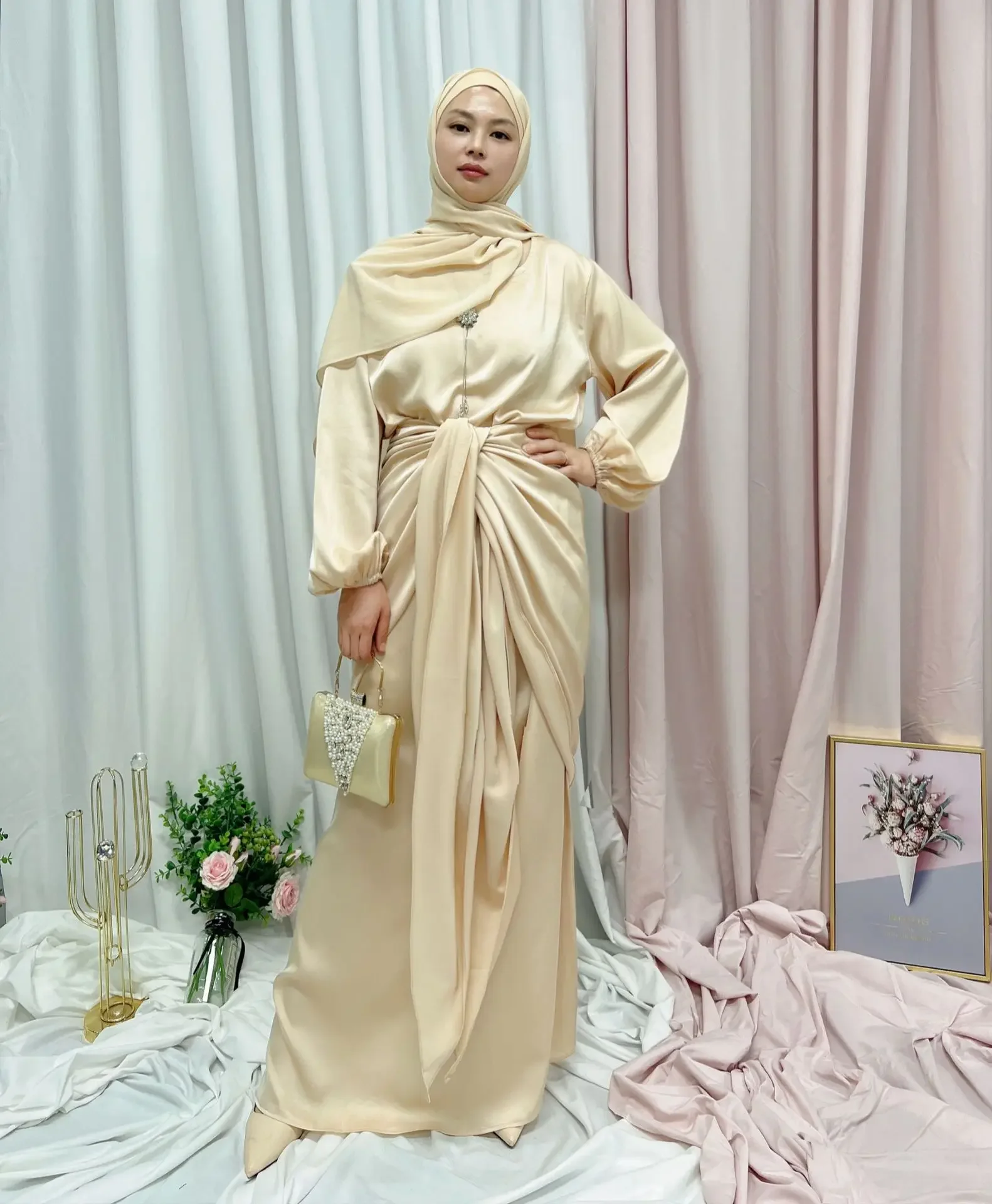 Vestido Abaya de satén sedoso de 2 piezas de Ramadán con falda frontal envolvente vestidos Hijab largos árabes para mujeres musulmanas ropa islámica