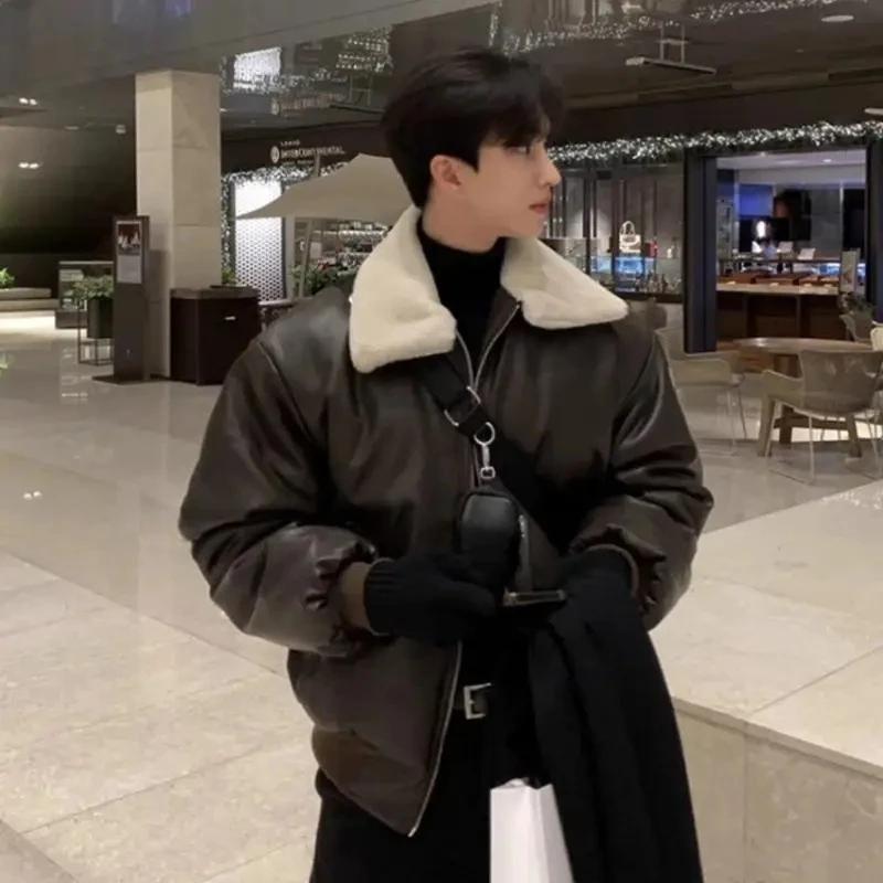 Pu Leather Parkas Coats Men Jackets Sherpa Pocket Zipper Fur Turn Down Collar Long Sleeves Thick Loose Casual 2025 Autumn Winter