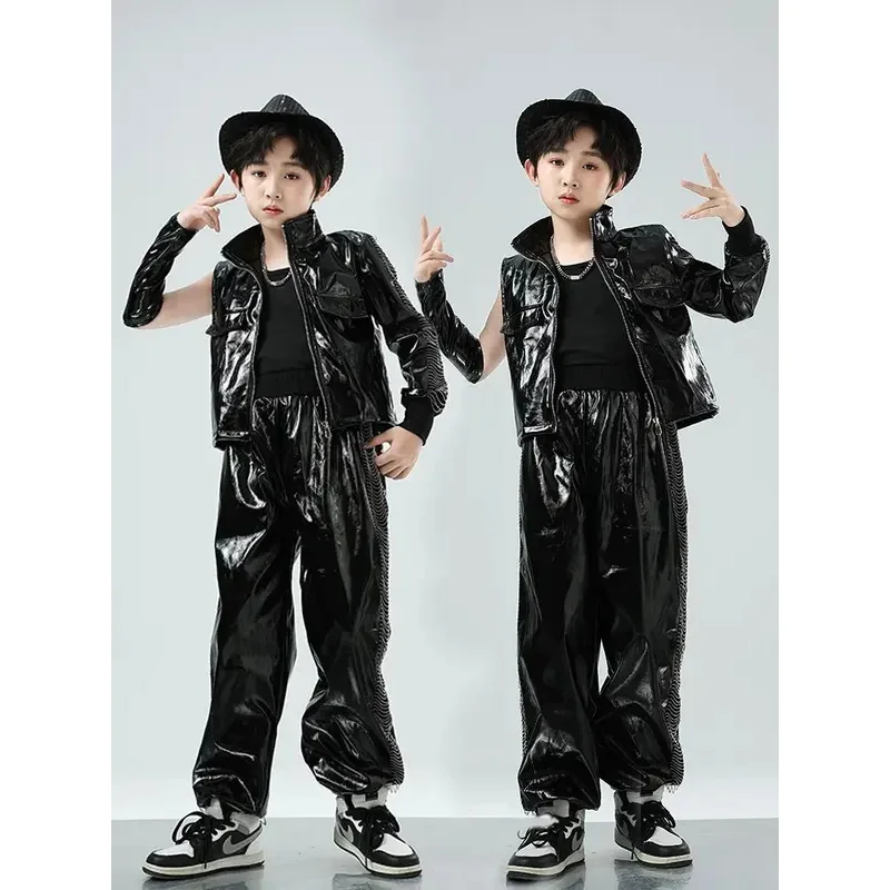 سراويل سترة جلدية سوداء للفتيات والأولاد أزياء الجاز للأطفال ملابس Kpop ملابس الهيب هوب ملابس مهرجان الأداء المسرحي
