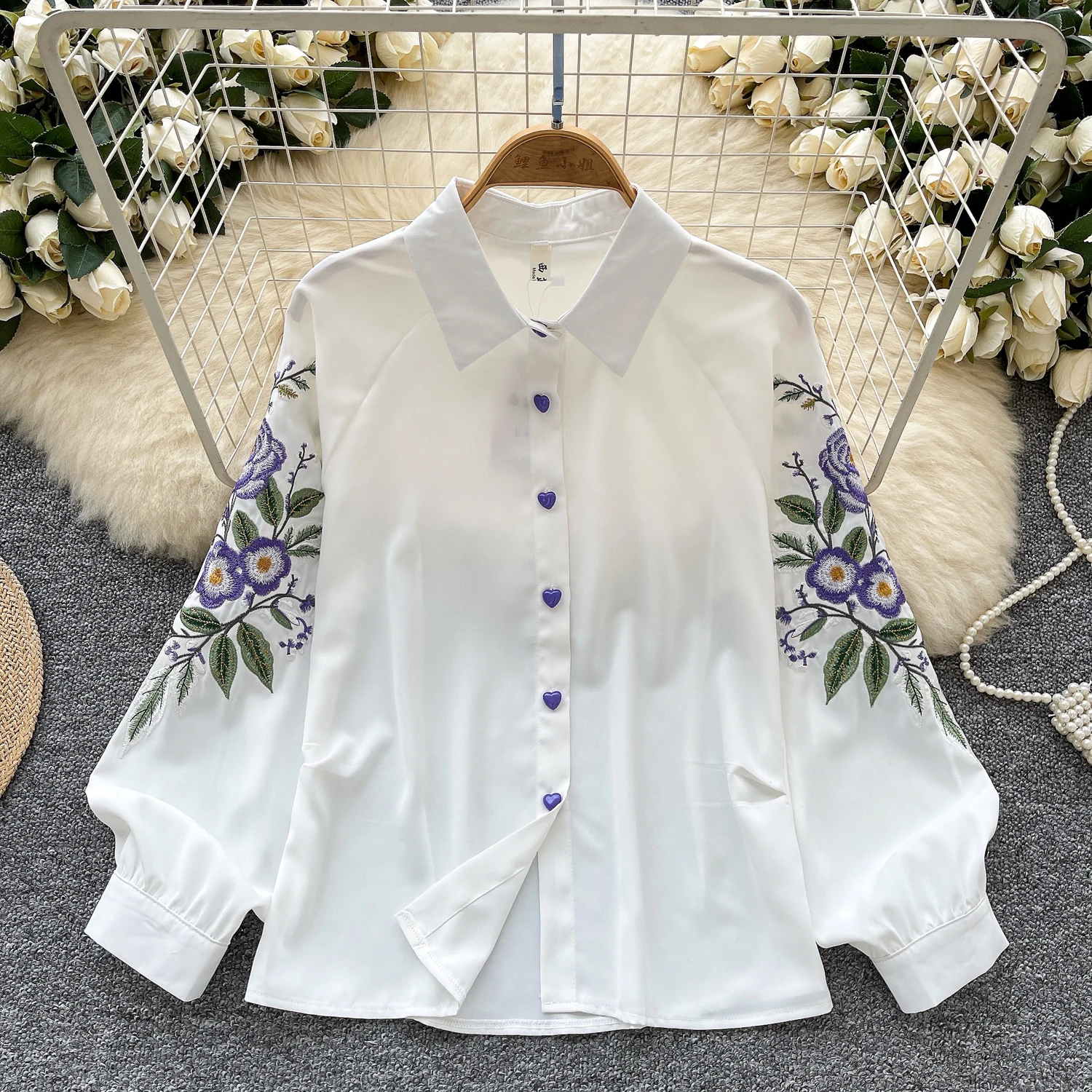 

Vintage Elegant Embroidered Loose Blouse Fashion Polo-neck Shirt Casual Chic Top Fairy Summer Women