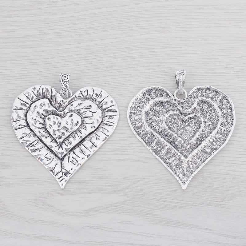 2 Pieces Tibetan Silver Color Large Hammered Heart Charms Pendants for DIY Necklace Jewellery Making Accessories