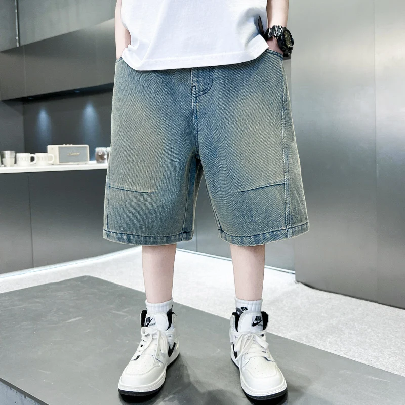2025 Fashion Denim Shorts For Boys Teenager Kids Elastic Waist Cartoon Capris Jean Short Pants For Tweens Children's Age 5-14 Y