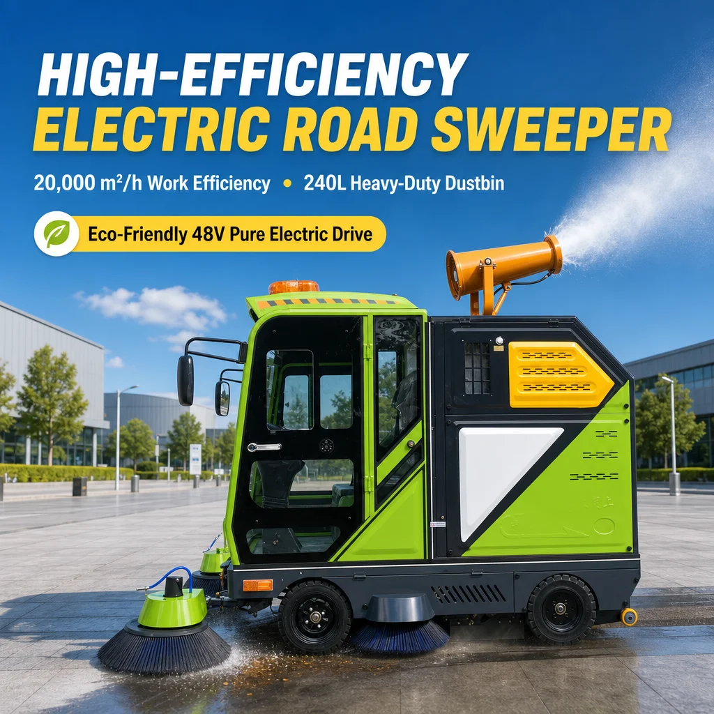 Four-Wheel Ares 2300mm Electric Road Sweeper 48V Ride-On Street Cleaning Machine with 50-100 BAR High Pressure Water Spray