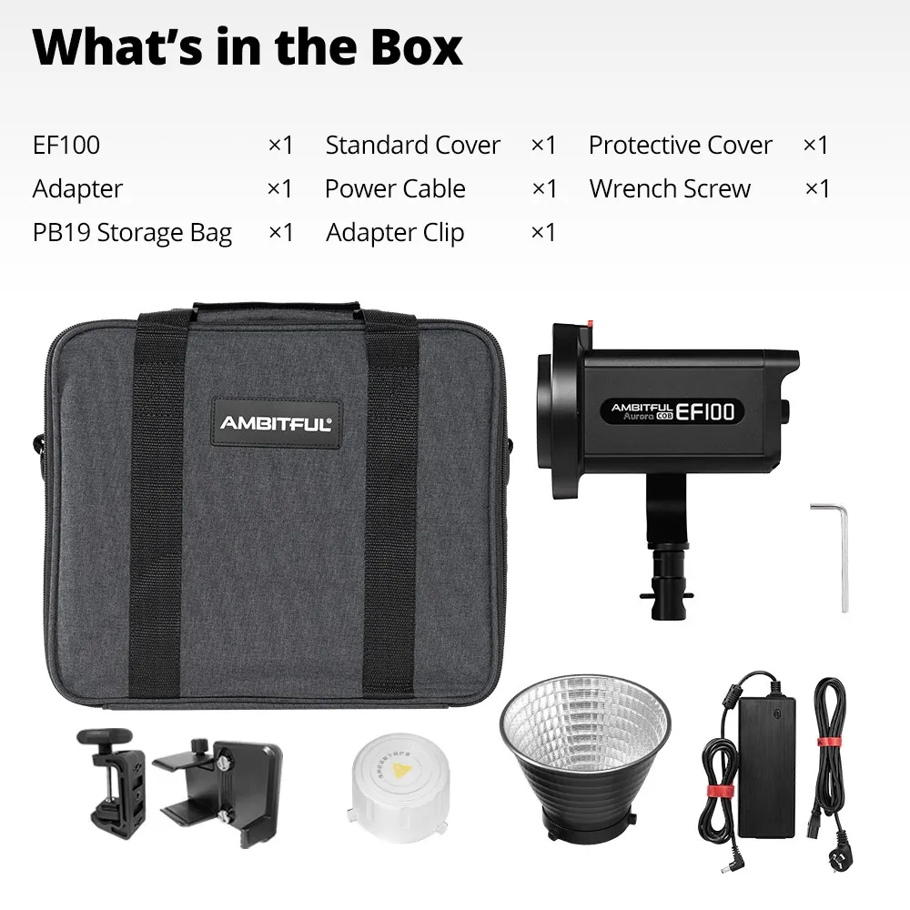 AMBITFUL EF100 COB LED Video Light 5600K CRI 95+ TLCI 95+ LED Continuous Light Bowens Mount Built-in APP Adjust Brightness