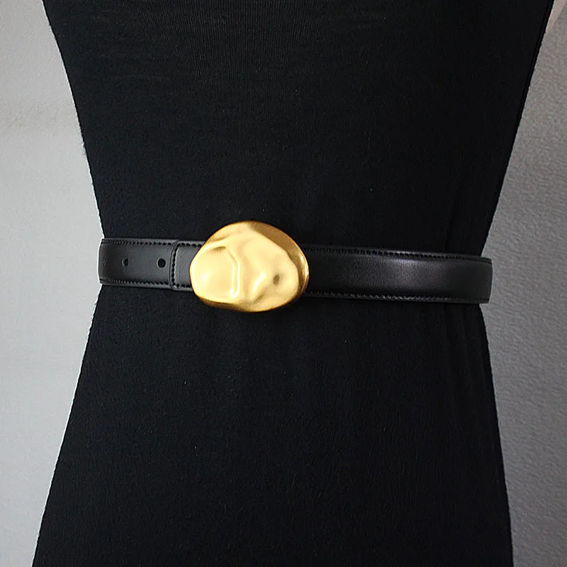 Women New Gold Buckle Belt Casual Cowhide Waist Belts Paired with Jeans Korean Version Fashionable Cowhide Narrow Belt