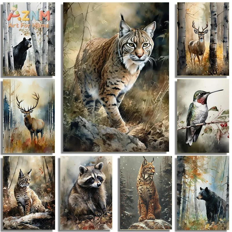 AZNM Watercolor Forest Animals Lynx Bear Deer Hummingbird Canvas Wall Art Print Decor