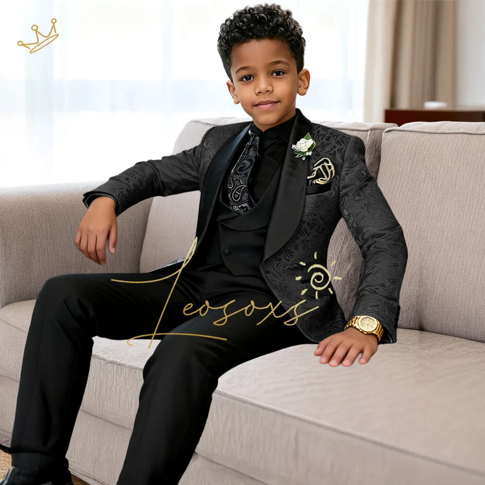 Boys 3 Piece Jacquard Suit Ornate Pattern Blazer Vest Pants Gentleman Formal Attire for Elegant Celebrations image 3