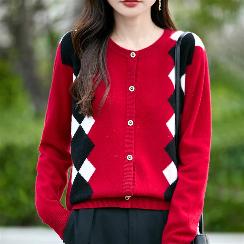 

New 100% Merino Wool Sweater for Women O-neck Splicing Color Cardigan Autumn Winter Cashmere Knitwear Casual Thick Clothing Top