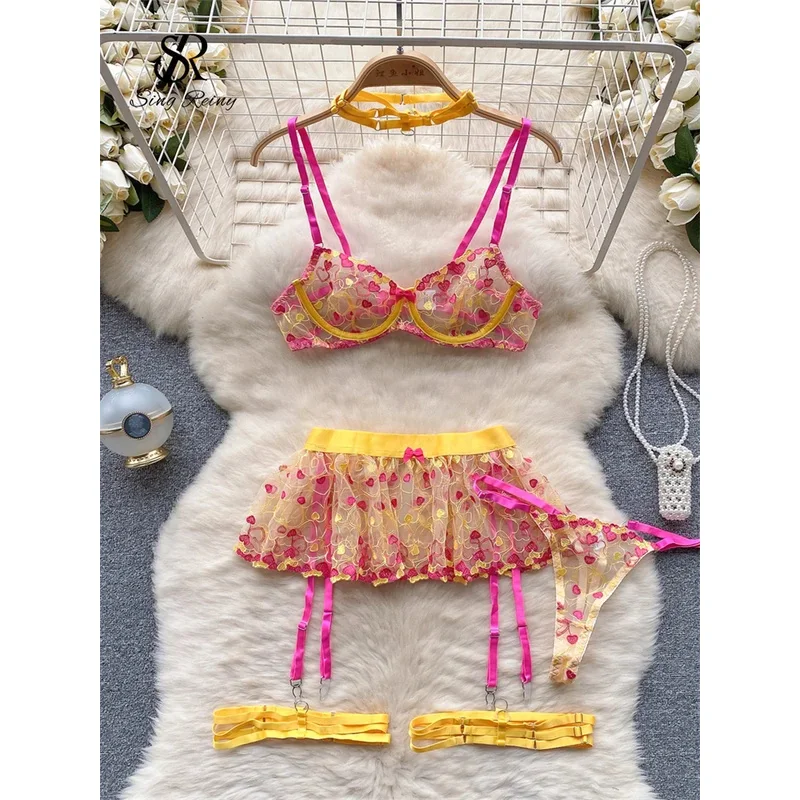 

SINGREINY Sexuality Uniform Lace Underwear Suits Camis Straps Sheer Slim Sleepwear Women Embroidery Corset Erotic Lingerie Sets