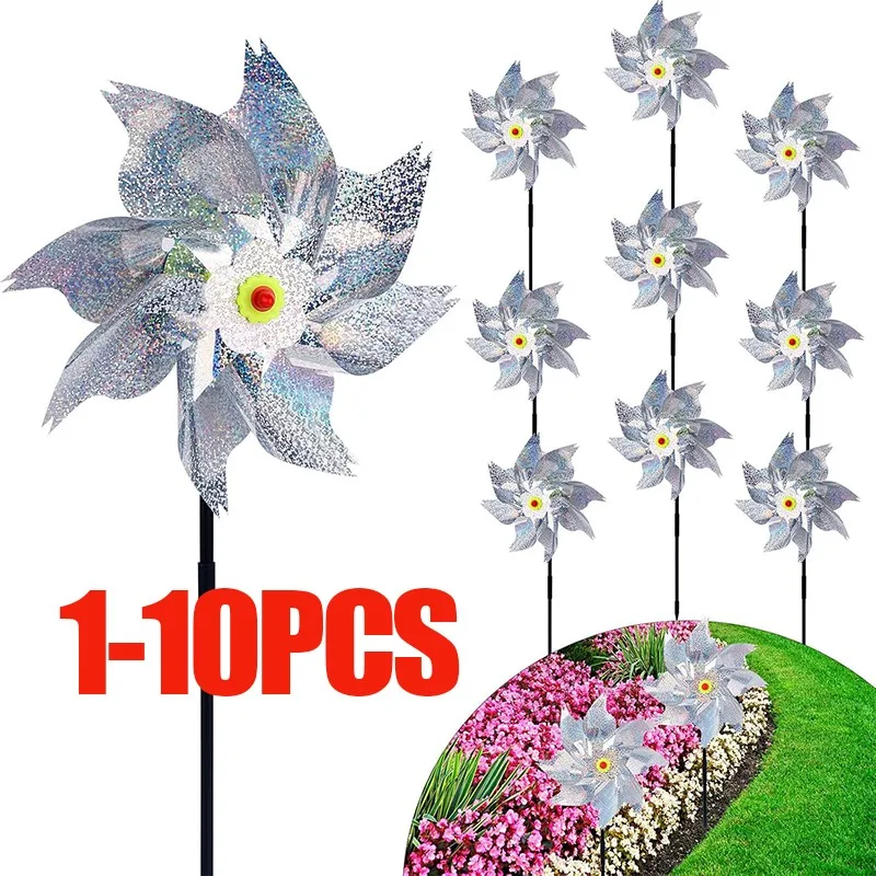 Molino de viento plateado repelente de aves, molino de viento giratorio de 8 aspas para bienes agrícolas, repelente de aves al aire libre, decoración de jardín al aire libre, 1-10 Uds.