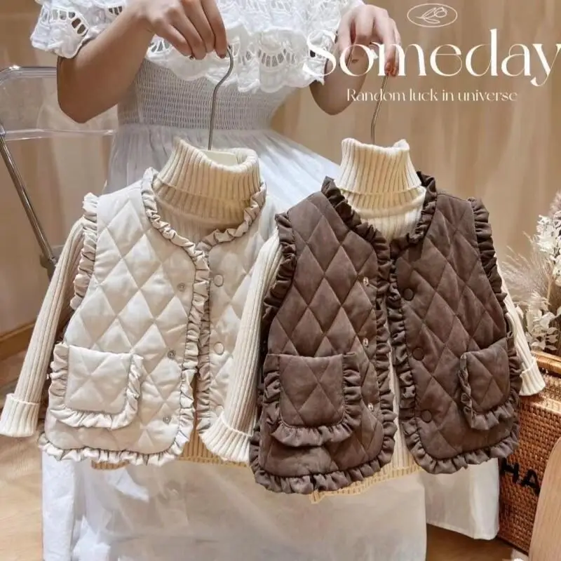 Kawaii Casual Coat Tops Fashion Childrens Clothing Girls Winter Vest Baby Outerwear 2025 New Fleece Lined Lace Waistcoat Warm
