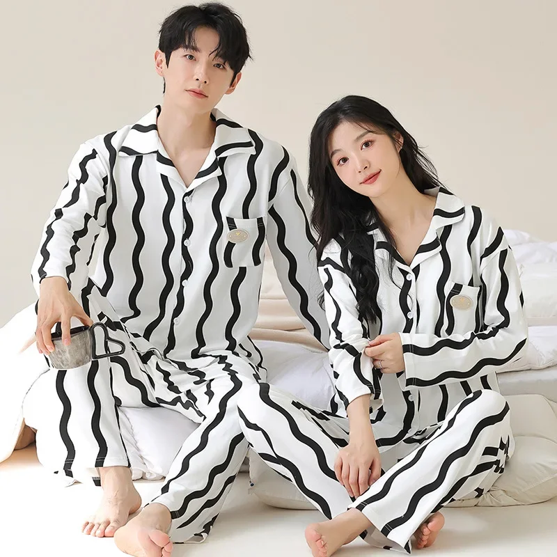 Cotton Couples Nightwear for Autumn and Spring Women\'s Long Sleeves Pajama Set Men\'s Cardigan Homewear Young Boy Girl Korean Pjs