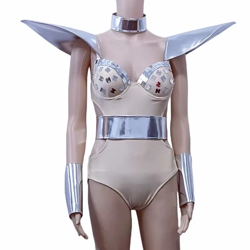 Damski seksowny srebrny body z efektem lustra, odkryte ramiona, strój sceniczny, trykot, kostium na imprezę do klubu nocnego, baru, dla DJ-a, tancerki gogo, na pokaz.