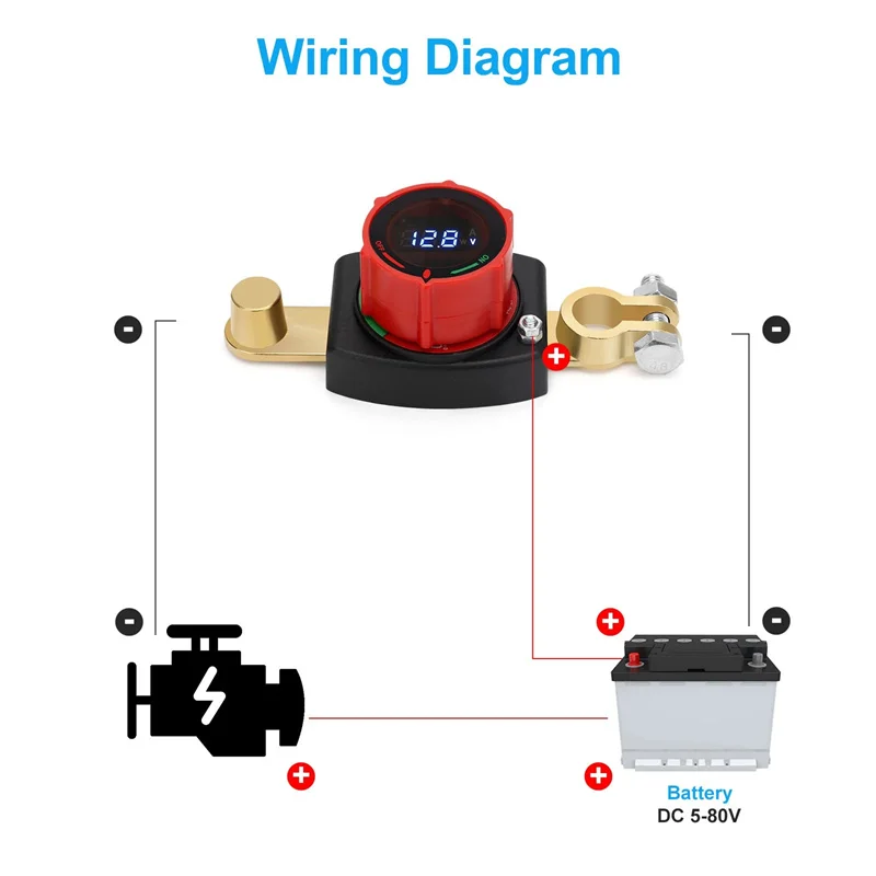 Interruptor de desconexión de batería de poste superior, 12V-48V con voltímetro LED, interruptor de apagado de batería de 5-60V CC, interruptor de corte de batería de encendido/apagado para coche