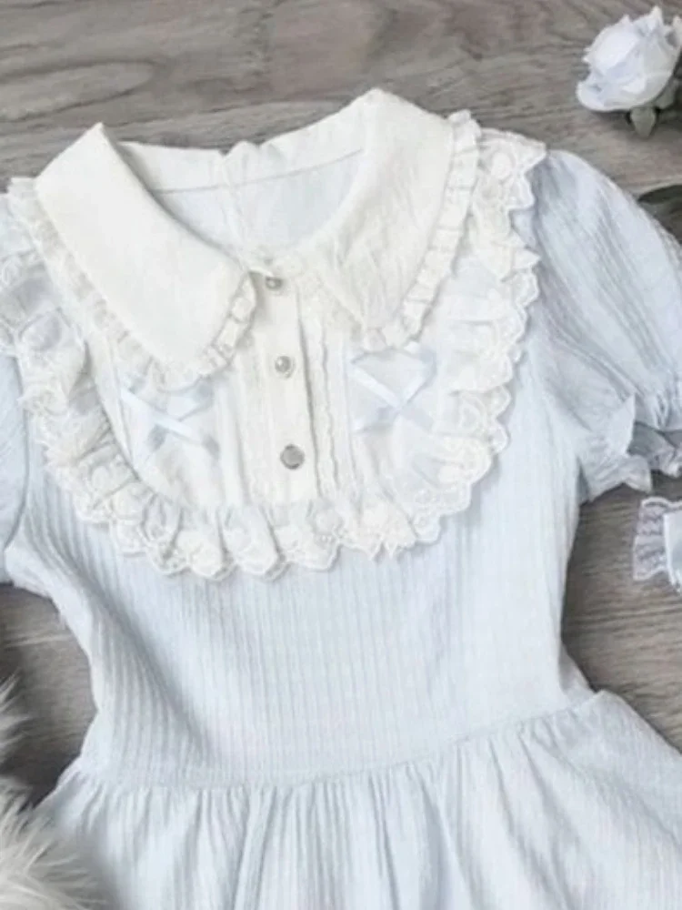 일본 로리타 레이스 패치워크 스위트 드레스 여성 카와이 소녀 러플 로브 여름 귀여운 베스티도스 Y2k 에스테틱 플리츠 드레스